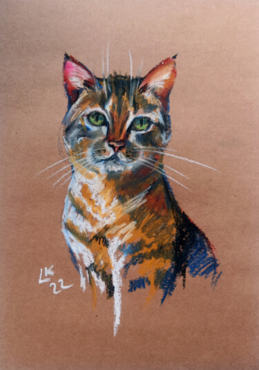 Painting titled "Tabby cat with gree…" by Lada Kholosho, Original Artwork, Pastel