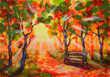 Malerei mit dem Titel "Bench in the autumn…" von Lada Kholosho, Original-Kunstwerk, Acryl