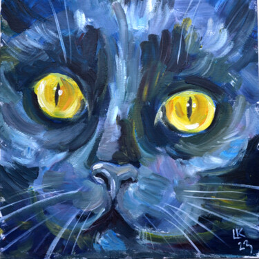 Painting titled "Black Cat's Muzzle" by Lada Kholosho, Original Artwork, Oil Mounted on Cardboard