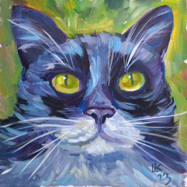 Pintura intitulada "Black cat with whit…" por Lada Kholosho, Obras de arte originais, Óleo Montado em Cartão