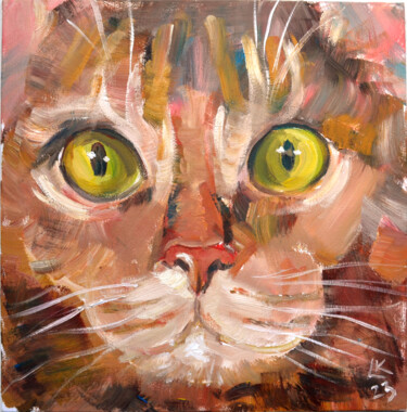 Painting titled "Cat's muzzle" by Lada Kholosho, Original Artwork, Oil Mounted on Cardboard