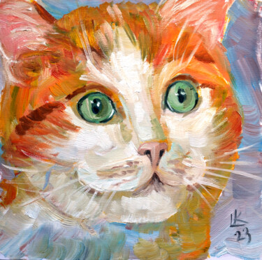Картина под названием "Cute Cat With Green…" - Lada Kholosho, Подлинное произведение искусства, Масло Установлен на картон