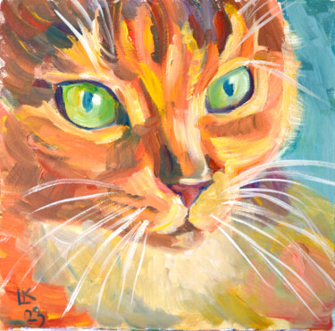 Painting titled "Calico Cat" by Lada Kholosho, Original Artwork, Oil Mounted on Cardboard