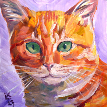 Painting titled "Orange Cat" by Lada Kholosho, Original Artwork, Oil Mounted on Cardboard