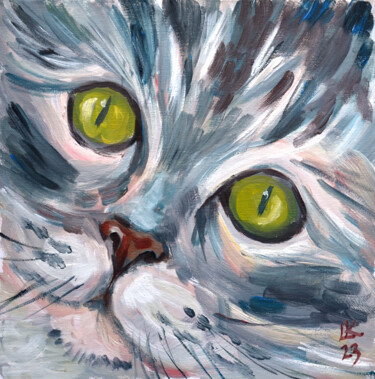 Painting titled "Tabby Cat's face" by Lada Kholosho, Original Artwork, Oil Mounted on Cardboard