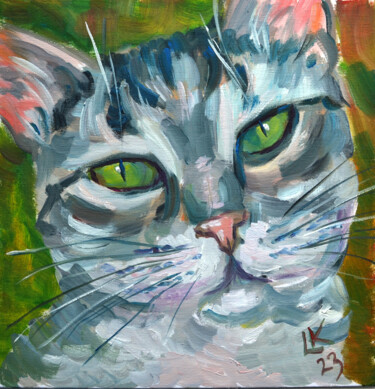 Painting titled "Tabby Grey  Cat Wit…" by Lada Kholosho, Original Artwork, Oil Mounted on Cardboard
