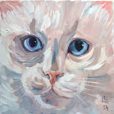 Painting titled "White Cat with Blue…" by Lada Kholosho, Original Artwork, Oil Mounted on Cardboard