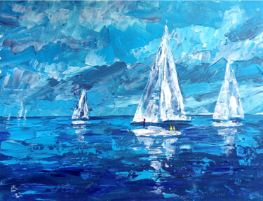 Картина под названием "Seascape with sailb…" - Lada Kholosho, Подлинное произведение искусства, Акрил Установлен на картон