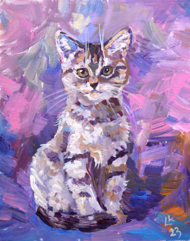 Painting titled "Tabby kitten" by Lada Kholosho, Original Artwork, Acrylic Mounted on Cardboard