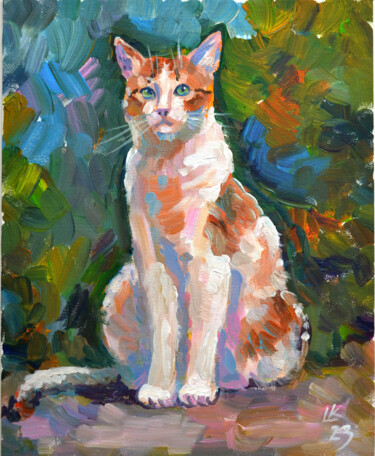 Painting titled "Neighbor's cat in t…" by Lada Kholosho, Original Artwork, Acrylic Mounted on Cardboard