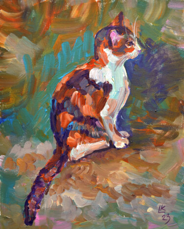Painting titled "Street cat" by Lada Kholosho, Original Artwork, Acrylic Mounted on Cardboard