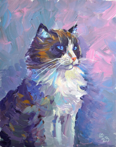 Painting titled "Beautiful cat on a…" by Lada Kholosho, Original Artwork, Acrylic Mounted on Cardboard