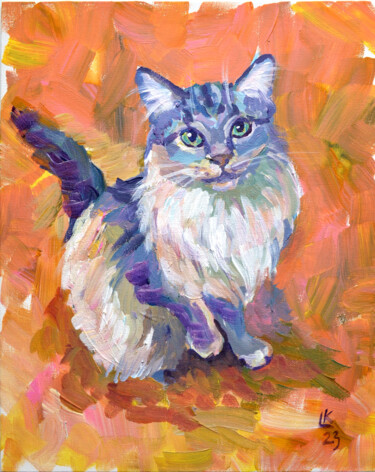 Painting titled "Cute Furry Cat" by Lada Kholosho, Original Artwork, Acrylic Mounted on Cardboard