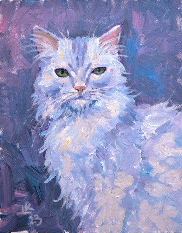 Painting titled "White cat" by Lada Kholosho, Original Artwork, Acrylic Mounted on Cardboard