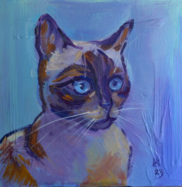 Painting titled "Siamese Cat portrait" by Lada Kholosho, Original Artwork, Acrylic Mounted on Cardboard