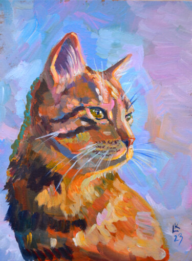 Painting titled "Beautiful cat on a…" by Lada Kholosho, Original Artwork, Acrylic Mounted on Cardboard