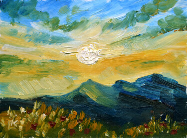 Картина под названием "Sunset over mountai…" - Lada Kholosho, Подлинное произведение искусства, Масло