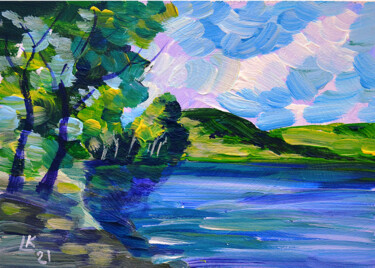 Картина под названием "Lake landscape" - Lada Kholosho, Подлинное произведение искусства, Акрил