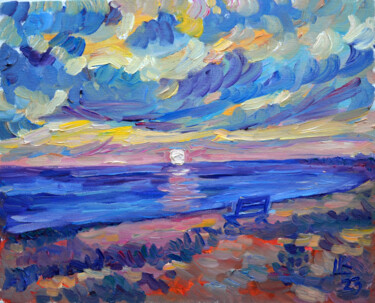 Painting titled "Seascape with sunse…" by Lada Kholosho, Original Artwork, Oil Mounted on Cardboard