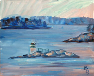 Painting titled "Northern seascape w…" by Lada Kholosho, Original Artwork, Oil Mounted on Cardboard