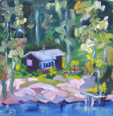 Painting titled "Small cabin in the…" by Lada Kholosho, Original Artwork, Oil Mounted on Cardboard
