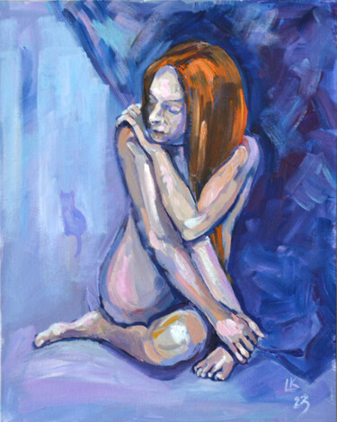 Painting titled "Red haired woman an…" by Lada Kholosho, Original Artwork, Acrylic Mounted on Cardboard