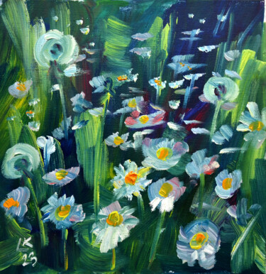 Painting titled "Daisies and dandeli…" by Lada Kholosho, Original Artwork, Oil Mounted on Cardboard