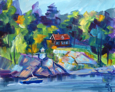 Painting titled "Summer house in Swe…" by Lada Kholosho, Original Artwork, Oil Mounted on Cardboard