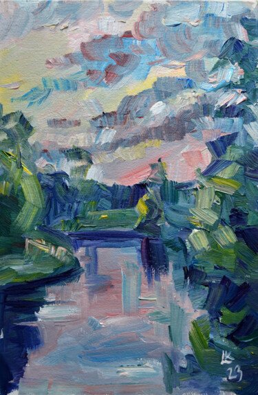 Pintura intitulada "River sunset landsc…" por Lada Kholosho, Obras de arte originais, Óleo Montado em Cartão