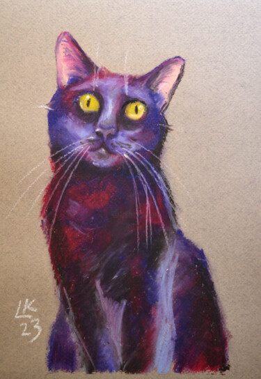 Pintura titulada "Adorable black cat" por Lada Kholosho, Obra de arte original, Pastel