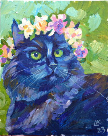 Painting titled "Black Cat in Flower…" by Lada Kholosho, Original Artwork, Acrylic Mounted on Cardboard
