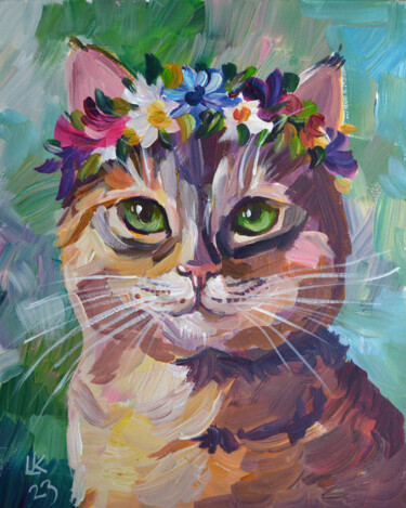 Painting titled "Cat Face in Flower…" by Lada Kholosho, Original Artwork, Acrylic Mounted on Cardboard