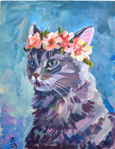 Painting titled "Tabby Cat in flower…" by Lada Kholosho, Original Artwork, Acrylic Mounted on Cardboard