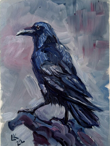 Painting titled "Old Crow bird" by Lada Kholosho, Original Artwork, Oil