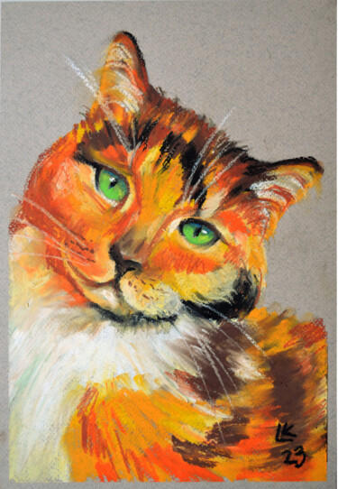 Рисунок под названием "Cute Calico Cat Face" - Lada Kholosho, Подлинное произведение искусства, Пастель
