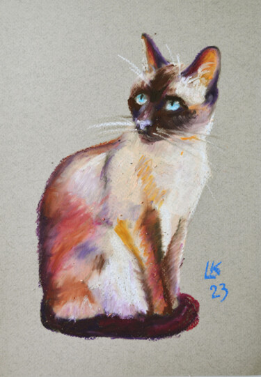 Painting titled "Siamese Cat Sitting" by Lada Kholosho, Original Artwork, Pastel