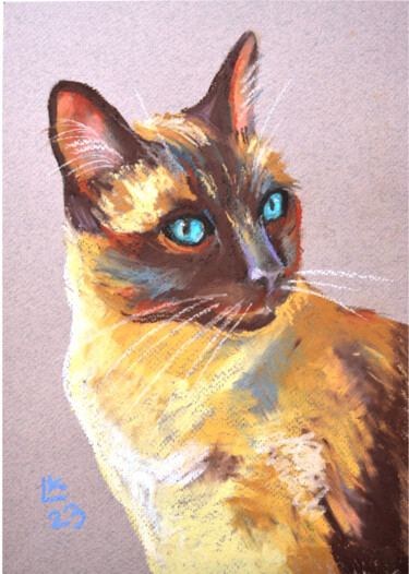 Painting titled "Siamese Cat Face" by Lada Kholosho, Original Artwork, Pastel