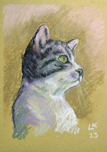 Painting titled "Tabby cat with whit…" by Lada Kholosho, Original Artwork, Pastel