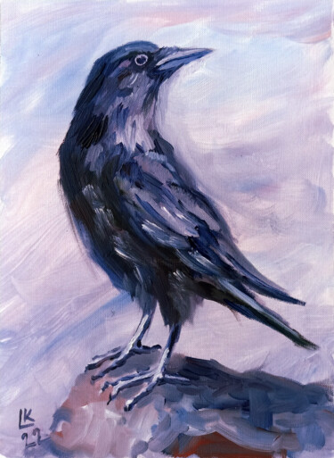 Painting titled "Young crow" by Lada Kholosho, Original Artwork, Oil