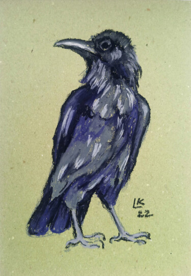 Painting titled "Black raven bird" by Lada Kholosho, Original Artwork, Pastel