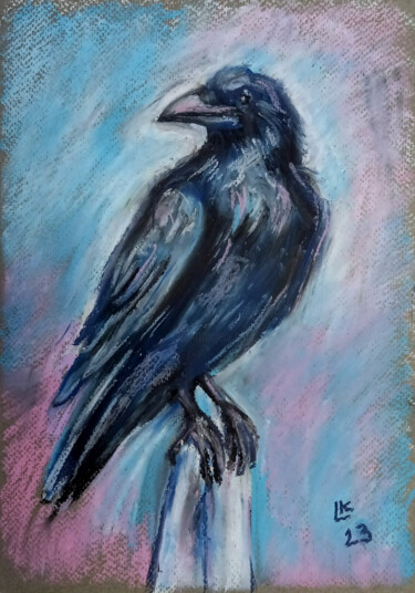 Painting titled "Сurious young crow" by Lada Kholosho, Original Artwork, Pastel