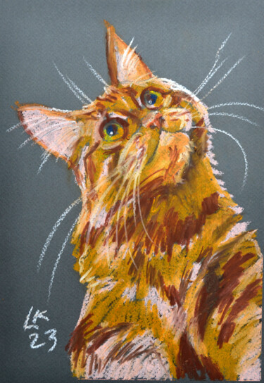 Painting titled "Sunny furry cat" by Lada Kholosho, Original Artwork, Pastel