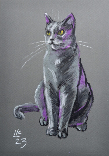 Pittura intitolato "British Gray Cat" da Lada Kholosho, Opera d'arte originale, Pastello