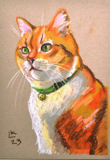 Malerei mit dem Titel "Orange cat in the g…" von Lada Kholosho, Original-Kunstwerk, Pastell