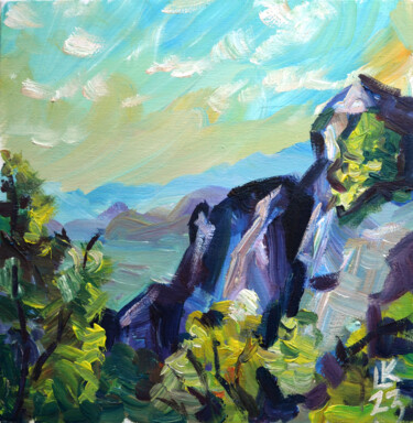 Painting titled "Mountains in Greece" by Lada Kholosho, Original Artwork, Oil Mounted on Cardboard