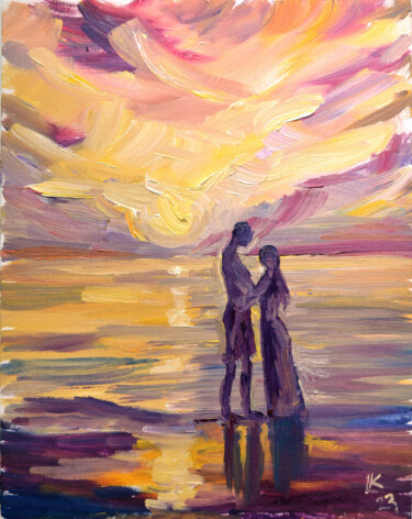 Картина под названием "Romantic couple on…" - Lada Kholosho, Подлинное произведение искусства, Масло Установлен на картон