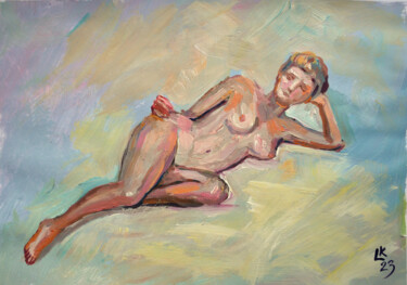 Painting titled "Nude Woman Lying Do…" by Lada Kholosho, Original Artwork, Acrylic