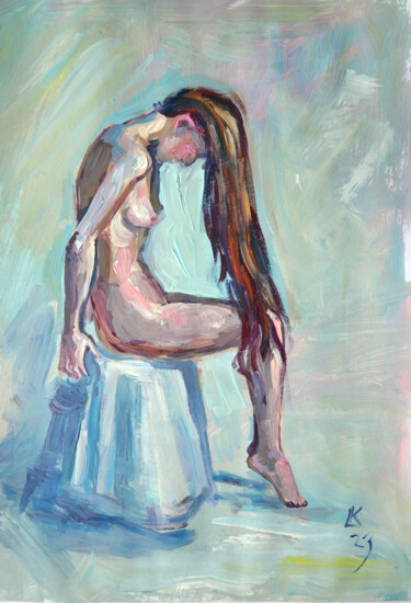 Malerei mit dem Titel "Nude woman with lon…" von Lada Kholosho, Original-Kunstwerk, Acryl