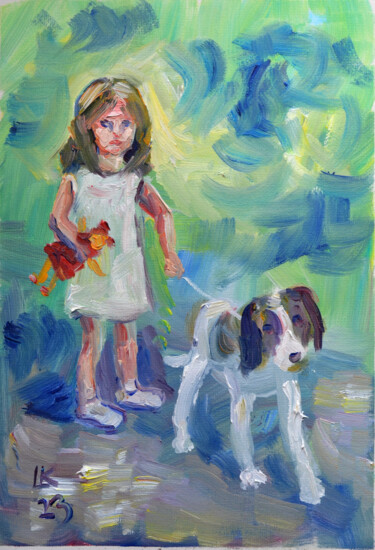 Картина под названием "Little Girl with Do…" - Lada Kholosho, Подлинное произведение искусства, Масло