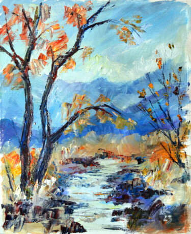 Malarstwo zatytułowany „Mountains, River, a…” autorstwa Lada Kholosho, Oryginalna praca, Olej